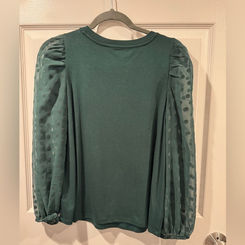 LOFT Dark Green Blouse with Sheer Puff Sleeves - Picture 2 of 2